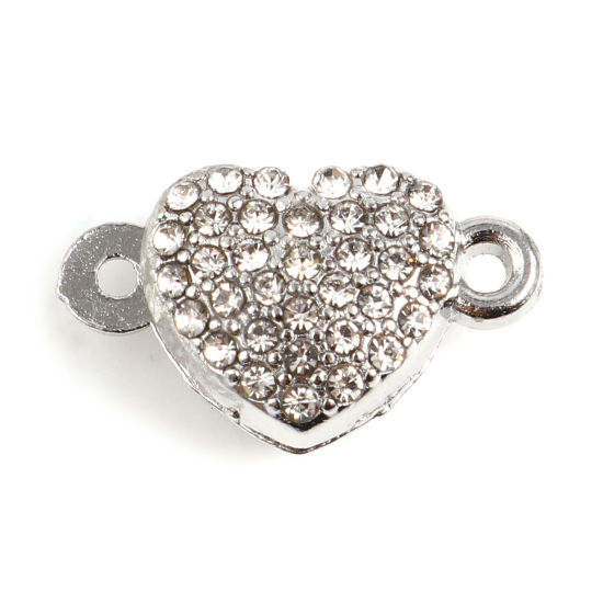 Picture of Zinc Based Alloy & Magnetic Hematite Magnetic Clasps Heart Silver Tone Clear 19mm x 11mm, 3 PCs