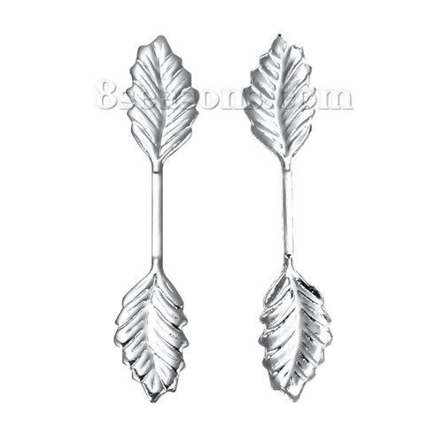 Picture of Brass Pendant Fold Over Pinch Bails Clasps Leaf Silver Plated 34mm(1 3/8") x 7mm( 2/8"), 20 PCs