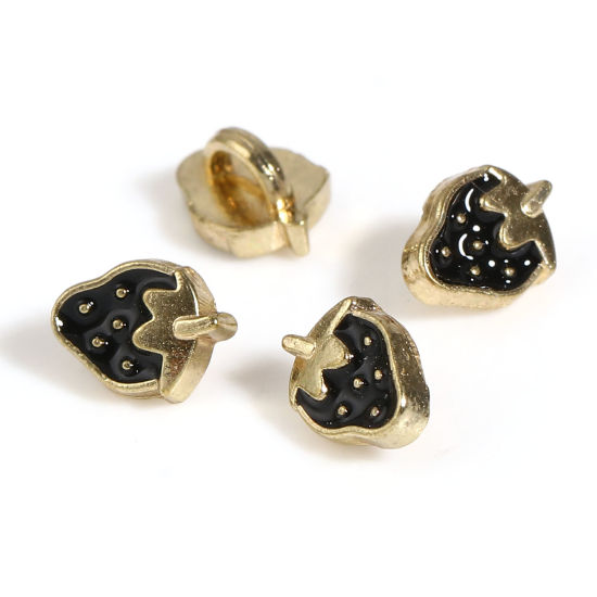 Picture of Zinc Based Alloy Doll Toy Accessories Metal Sewing Shank Buttons Gold Plated Black Strawberry Fruit Enamel 6mm x 4.5mm, 30 PCs