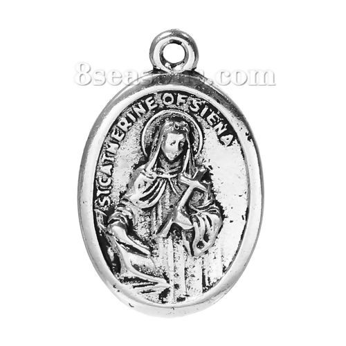 Immagine di Lega di Zinco Charm Ciondoli Ovale Argento Antico Religione Scolpito Messaggio " ST.CATHERINE OF SIENA & PRAY FOR US " 25mm x 16mm , 10 Pz