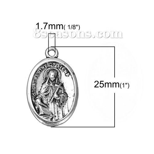 Immagine di Lega di Zinco Charm Ciondoli Ovale Argento Antico Religione Scolpito Messaggio " ST.CATHERINE OF SIENA & PRAY FOR US " 25mm x 16mm , 10 Pz