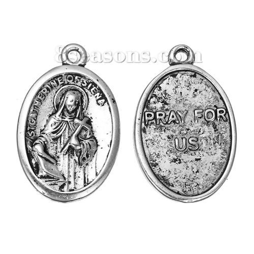 Immagine di Lega di Zinco Charm Ciondoli Ovale Argento Antico Religione Scolpito Messaggio " ST.CATHERINE OF SIENA & PRAY FOR US " 25mm x 16mm , 10 Pz