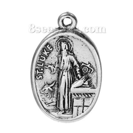 Zinc Based Alloy Charms Oval Antique Silver Color Religious Figure Message " ST.LUKE & PRAY FOR US " Carved 25mm(1") x 16mm( 5/8"), 10 PCs