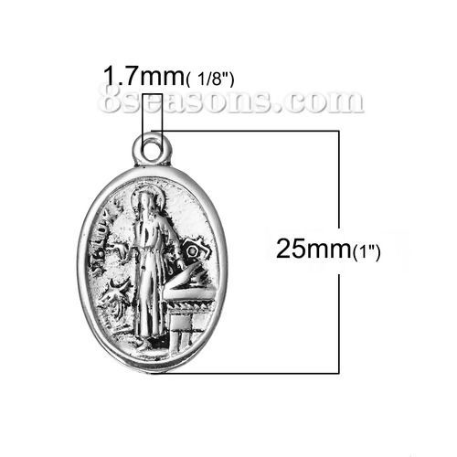 Immagine di Lega di Zinco Charm Ciondoli Ovale Argento Antico Religione Scolpito Messaggio " ST.LUKE & PRAY FOR US " 25mm x 16mm , 10 Pz