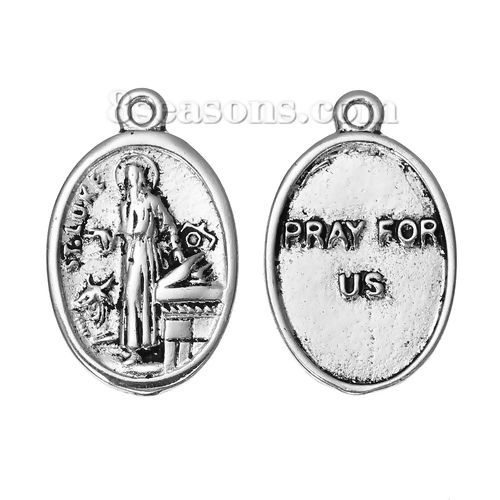 Immagine di Lega di Zinco Charm Ciondoli Ovale Argento Antico Religione Scolpito Messaggio " ST.LUKE & PRAY FOR US " 25mm x 16mm , 10 Pz