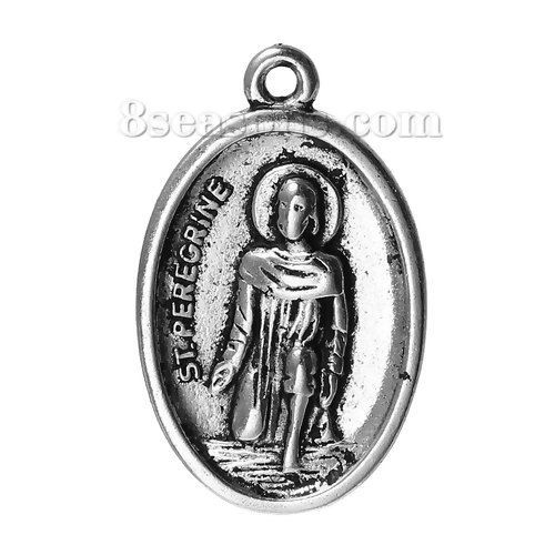 Immagine di Lega di Zinco Charm Ciondoli Ovale Argento Antico Religione Scolpito Messaggio " ST.PEREGRINE & PRAY FOR US " 25mm x 16mm , 10 Pz