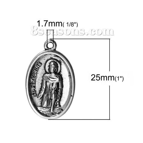 Immagine di Lega di Zinco Charm Ciondoli Ovale Argento Antico Religione Scolpito Messaggio " ST.PEREGRINE & PRAY FOR US " 25mm x 16mm , 10 Pz