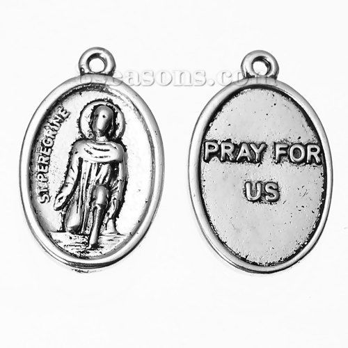 Immagine di Lega di Zinco Charm Ciondoli Ovale Argento Antico Religione Scolpito Messaggio " ST.PEREGRINE & PRAY FOR US " 25mm x 16mm , 10 Pz