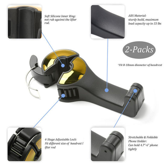 Image de Doré - Crochet de support de téléphone portable multifonction pour siège de voiture ABS 1 # 12x5.5x3cm, 1 paire