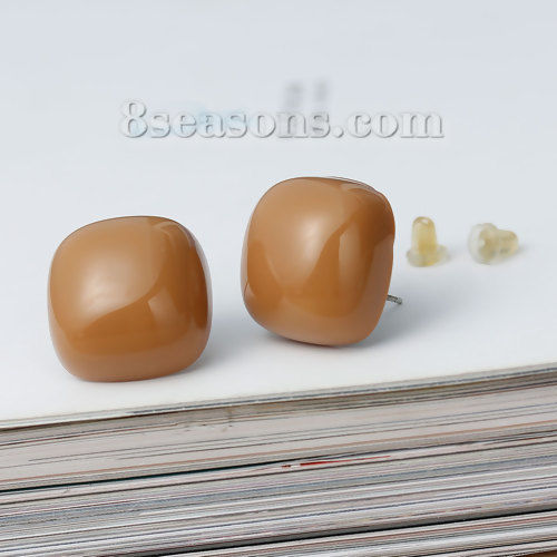 Picture of Acrylic Ear Post Stud Earrings Square Coffee W/ Stoppers 20mm( 6/8") x 20mm( 6/8"), Post/ Wire Size: (20 gauge), 1 Pair