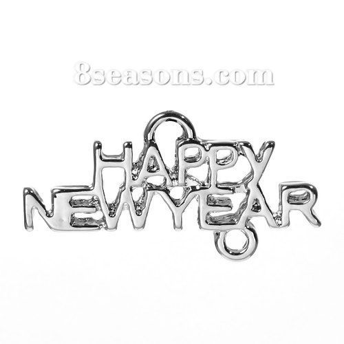 Image de Connecteurs de Bijoux en Alliage de Zinc Forme Message Argent Mat " Happy New Year" 26mm x 13mm, 5 Pcs