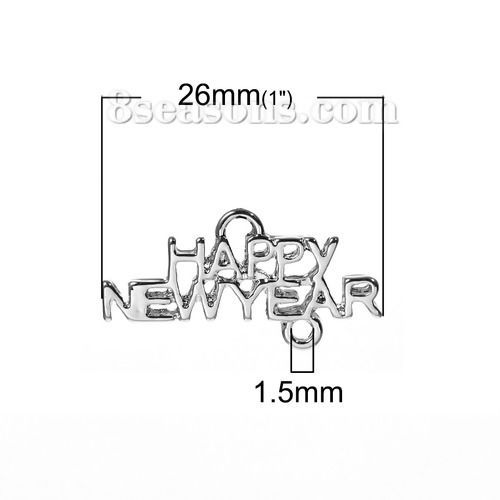 Image de Connecteurs de Bijoux en Alliage de Zinc Forme Message Argent Mat " Happy New Year" 26mm x 13mm, 5 Pcs