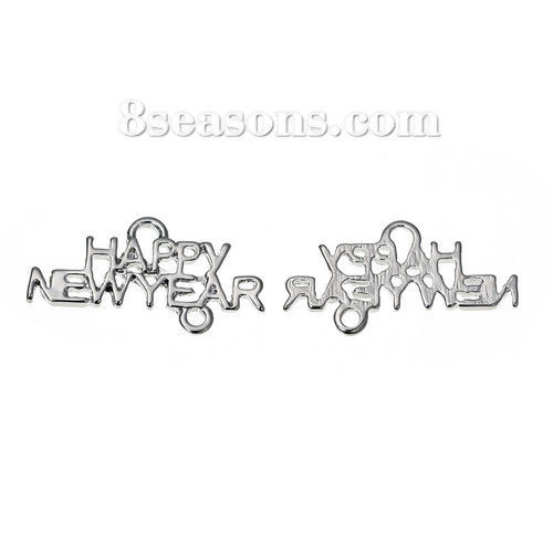 Picture of Zinc Based Alloy Connectors Findings Message " Happy New Year " Silver Tone 26mm x 13mm, 5 PCs