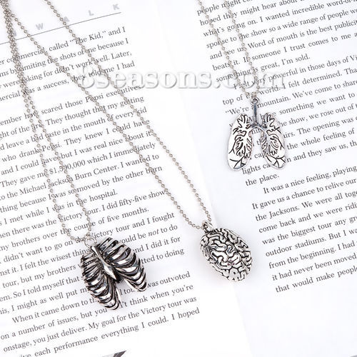 Picture of Halloween Necklace Ball Chain Antique Silver Color Lung Human Body 70cm(27 4/8") long, 1 Piece