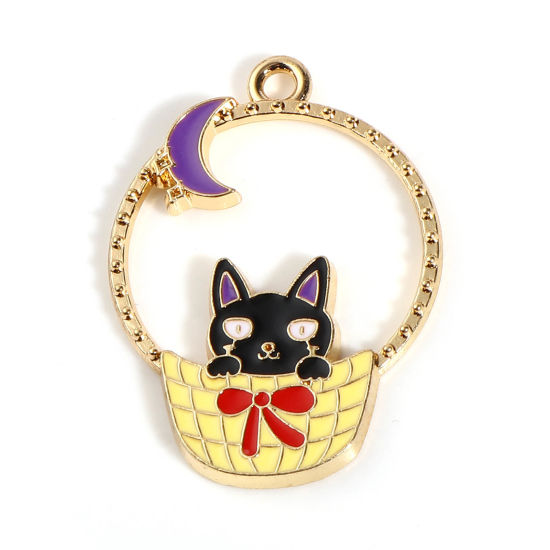 Immagine di Lega di Zinco Ciondoli Anello Oro Placcato Multicolore Gatto Smalto 32mm x 23mm , 10 Pz