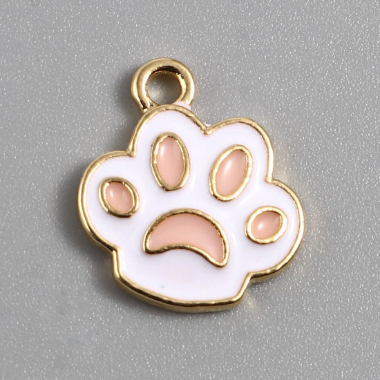 Immagine di Lega di Zinco Memoriale dell'animale Charms Zampa Oro Placcato Bianco & Rosa Smalto 16mm x 14mm , 10 Pz