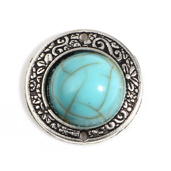 Immagine di Lega di Zinca + Acrilato Stile Bohemien Connettore Accessori Tondo Argento Antico Verde Blu Intagliato Disegno Turchese Imitato 19mm Dia, 10 Pz