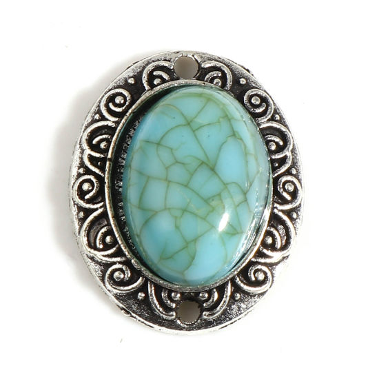 Immagine di Lega di Zinca + Acrilato Stile Bohemien Connettore Accessori Ovale Argento Antico Verde Blu Intagliato Disegno Turchese Imitato 20mm x 16mm, 10 Pz