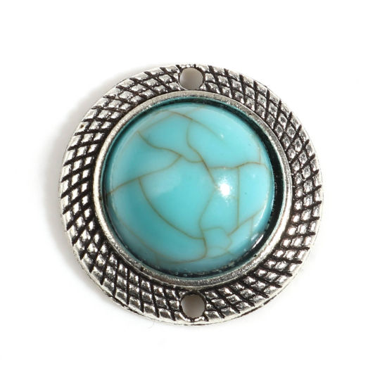 Immagine di Lega di Zinca + Acrilato Stile Bohemien Connettore Accessori Tondo Argento Antico Verde Blu Ingraticciato Disegno Turchese Imitato 19mm Dia, 10 Pz