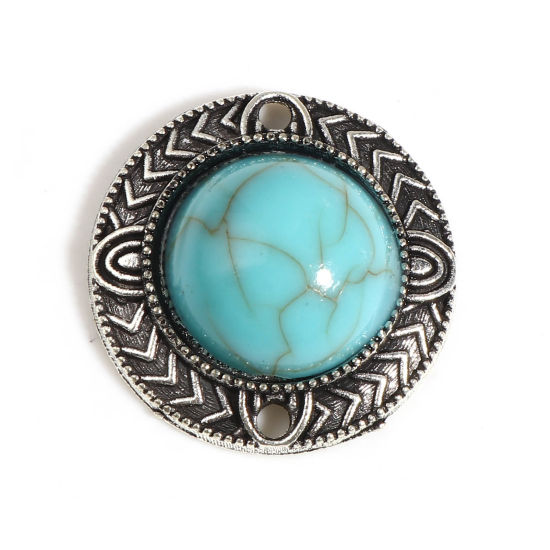 Immagine di Lega di Zinca + Acrilato Stile Bohemien Connettore Accessori Tondo Argento Antico Verde Blu Intagliato Disegno Turchese Imitato 19mm Dia, 10 Pz