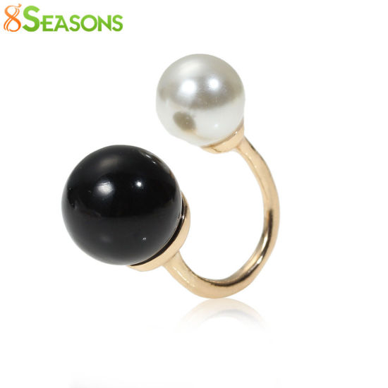 Picture of Open Rings Gold Plated Black & White Acrylic Pearl Imitation 16.3mm( 5/8") US size 5.75, 1 Piece