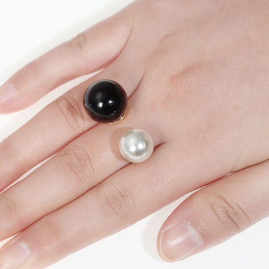 Picture of Open Rings Gold Plated Black & White Acrylic Pearl Imitation 16.3mm( 5/8") US size 5.75, 1 Piece