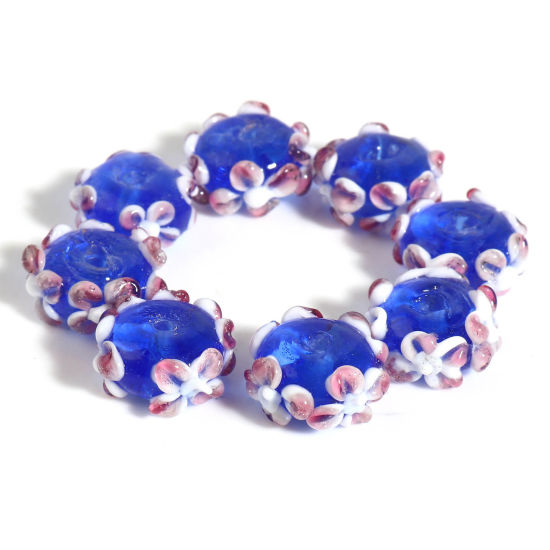 Picture of Lampwork Glass Beads Round Royal Blue Flower About 14mm Dia, Hole: Approx 2mm, 1 Piece