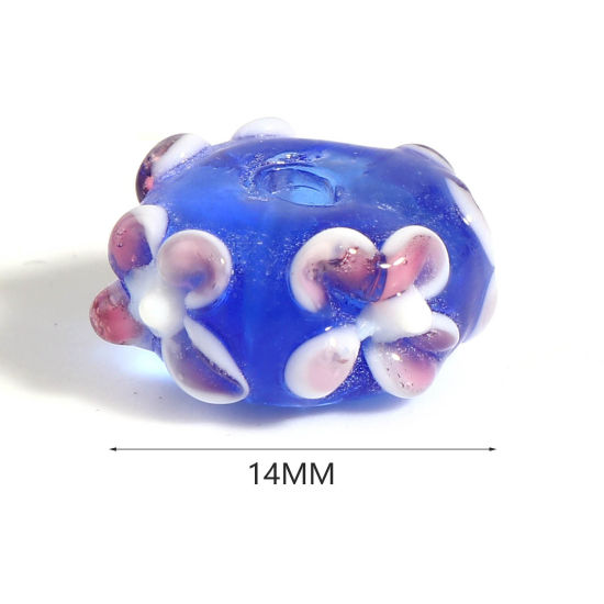 Picture of Lampwork Glass Beads Round Royal Blue Flower About 14mm Dia, Hole: Approx 2mm, 1 Piece