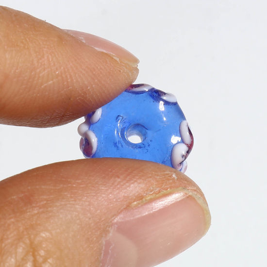 Picture of Lampwork Glass Beads Round Royal Blue Flower About 14mm Dia, Hole: Approx 2mm, 1 Piece