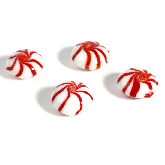Bild von Muranoglas Perlen für die Herstellung von DIY-Charme-Schmuck Flachrund Weiß & Rot Mahlstrom ca 18mm - 16mm D., Loch:ca. 1.9mm, 5 Stück