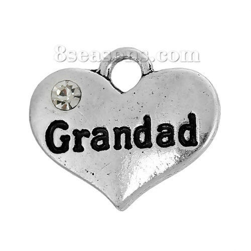 Bild von Zinklegierung Charm Anhänger Herz Antiksilber Message " Granddad " Transparent Strass 16mm x 14mm, 10 Stücke