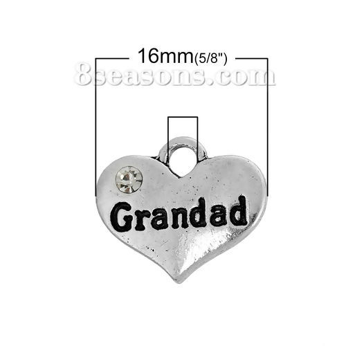 Bild von Zinklegierung Charm Anhänger Herz Antiksilber Message " Granddad " Transparent Strass 16mm x 14mm, 10 Stücke