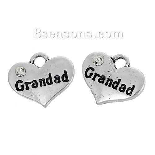 Bild von Zinklegierung Charm Anhänger Herz Antiksilber Message " Granddad " Transparent Strass 16mm x 14mm, 10 Stücke