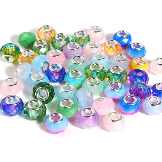 Picture of Zinc Based Alloy & Glass European Style Large Hole Charm Beads Silver Tone At Random Color Mixed Round Faceted 14mm Dia., Hole: Approx 5mm, 10 PCs