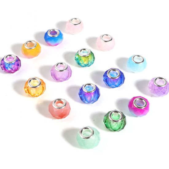 Picture of Zinc Based Alloy & Glass European Style Large Hole Charm Beads Silver Tone At Random Color Mixed Round Faceted 14mm Dia., Hole: Approx 5mm, 10 PCs
