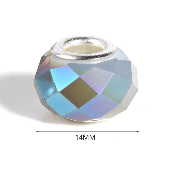 Picture of Zinc Based Alloy & Glass European Style Large Hole Charm Beads Silver Tone At Random Color Mixed Round AB Color 14mm Dia., Hole: Approx 5mm, 10 PCs