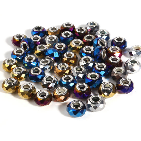 Picture of Zinc Based Alloy & Glass European Style Large Hole Charm Beads Silver Tone At Random Color Mixed Round AB Color 14mm Dia., Hole: Approx 5mm, 10 PCs
