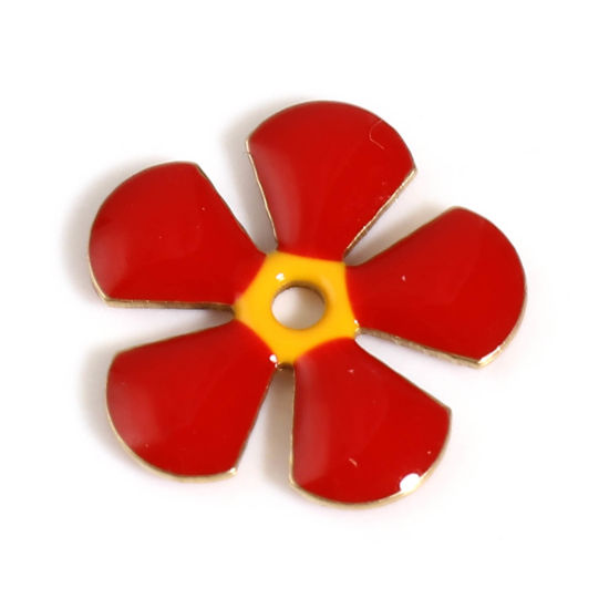 Bild von Messing Emaillierte Pailletten Zwischenperlen Spacer Blumen Vergoldet Dunkelrot Emaille ca. 13mm x 12mm, Loch:ca. 1.5mm, 5 Stück