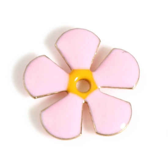 Bild von Messing Emaillierte Pailletten Zwischenperlen Spacer Blumen Vergoldet Hellrosa Emaille ca. 13mm x 12mm, Loch:ca. 1.5mm, 5 Stück