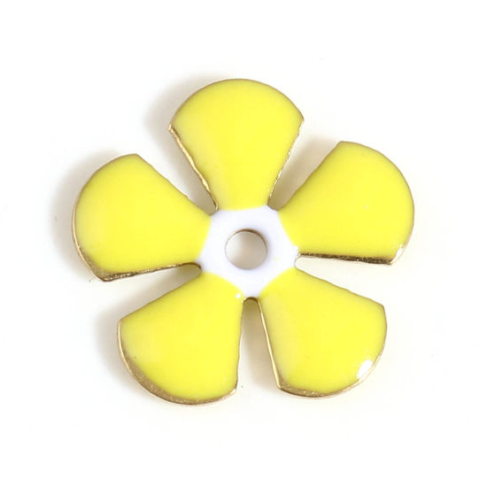 Image de Perles d'entretoise Sequins Emaillés Double Face en Laiton Fleur Doré Citron Émail Env. 13mm x 12mm, Trou: env. 1.5mm, 5 Pcs                                                                                                                                  