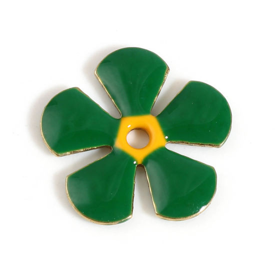 Bild von Messing Emaillierte Pailletten Zwischenperlen Spacer Blumen Vergoldet Dunkelgrün Emaille ca. 13mm x 12mm, Loch:ca. 1.5mm, 5 Stück