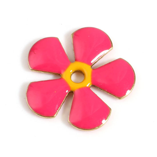 Bild von Messing Emaillierte Pailletten Zwischenperlen Spacer Blumen Vergoldet Fuchsie Emaille ca. 13mm x 12mm, Loch:ca. 1.5mm, 5 Stück
