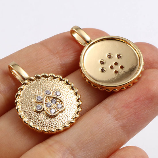 Изображение Латунь Мемориалдомашних любимецов Подвески Круглые 18K настоящее золото с покрытием Коготь Прозрачный Искусственный Циркон 26мм x 19мм, 1 ШТ