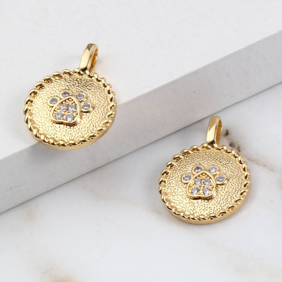 Изображение Латунь Мемориалдомашних любимецов Подвески Круглые 18K настоящее золото с покрытием Коготь Прозрачный Искусственный Циркон 26мм x 19мм, 1 ШТ