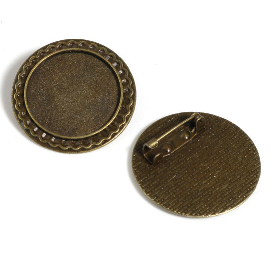 Picture of Zinc Based Alloy Cabochon Settings Pin Brooches Findings Round Bronzed Cabochon Settings (Fits 25mm Dia.) 34mm Dia., 5 PCs