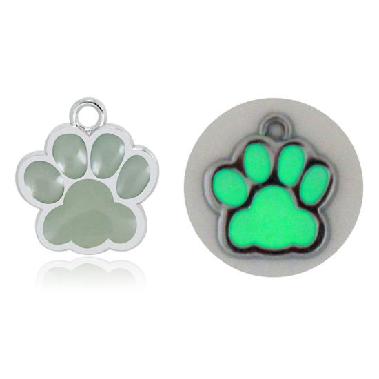 Picture of Zinc Based Alloy Pet Memorial Charms Paw Claw Silver Tone Light Sage Green Enamel Glow In The Dark Luminous 18mm x 17mm, 10 PCs