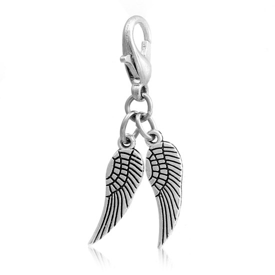 Picture of Zinc Based Alloy Clip On Charms For Vintage Charm Bracelets Angel Wing Antique Silver Color 31mm(1 2/8") x 7mm( 2/8"), 10 PCs