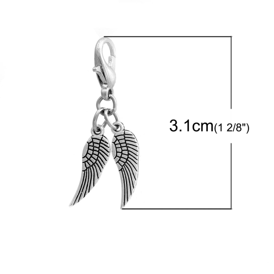 Picture of Zinc Based Alloy Clip On Charms For Vintage Charm Bracelets Angel Wing Antique Silver Color 31mm(1 2/8") x 7mm( 2/8"), 10 PCs