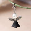 Picture of Zinc Based Alloy Guardian Angel Wing Clip On Charms For Vintage Charm Bracelets Flower Antique Silver Color Black With White Acrylic Beads 38mm(1 4/8") x 22mm( 7/8"), 10 PCs