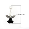 Picture of Zinc Based Alloy Guardian Angel Wing Clip On Charms For Vintage Charm Bracelets Flower Antique Silver Color Black With White Acrylic Beads 38mm(1 4/8") x 22mm( 7/8"), 10 PCs